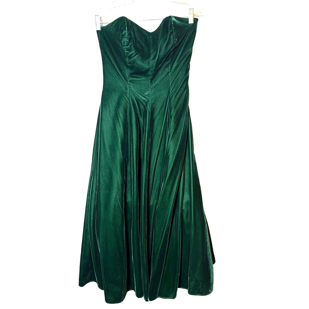 Vtg 70s PATRA Green Velvet Crinoline Midi Dress~5/6~ Strapless Boned Corset Gown